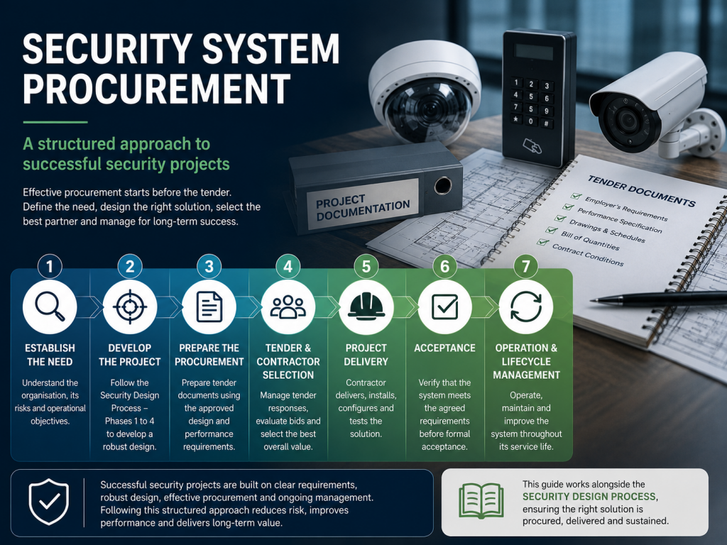 Infographic illustrating the seven-stage security system procurement process: Establish the Need, Develop the Project, Prepare the Procurement, Tender & Contractor Selection, Project Delivery, Acceptance, and Operation & Lifecycle Management. The graphic features CCTV cameras, an access control reader, project documentation, tender documents and architectural drawings, highlighting the structured approach to procuring, delivering and managing electronic security systems.