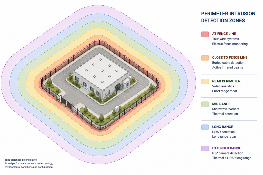 Illustration of a secure industrial site surrounded by a colour-coded series of concentric perimeter intrusion detection zones. The layers represent typical detection technologies operating from the fence line outwards, including taut-wire systems, electric fence monitoring, buried cable detection, active infrared beams, video analytics, microwave barriers, thermal detection, LiDAR and long-range radar. The diagram illustrates how different perimeter intrusion detection technologies provide overlapping layers of protection at increasing distances from the site boundary